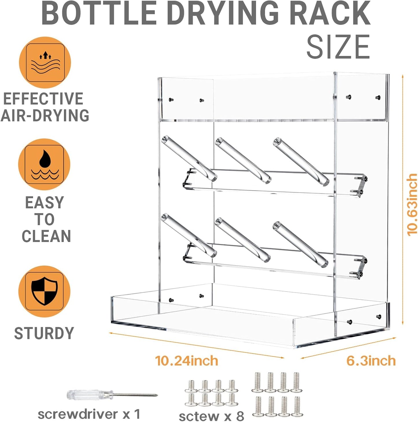 Baby Bottle Drying Rack Space Saving Acrylic Vertical Bottle Dryer Rack with Drip Tray - Clear Kitchen Countertop Storage Organizer–Fast Drying and Easy Cleanup - 10.3 x 6.3 x 10.6 in