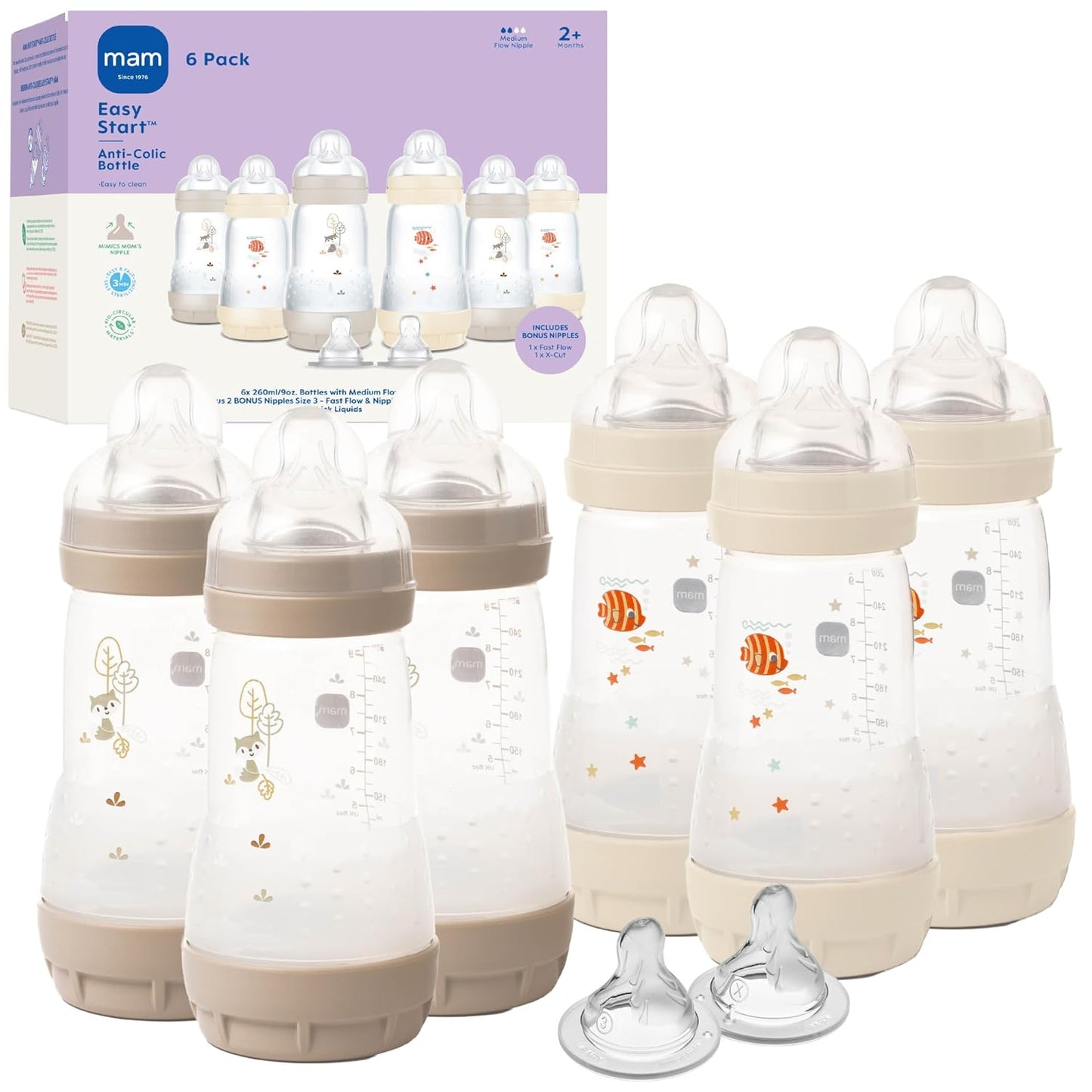 MAM 9oz Easy Start Anti-Colic+ Wide Neck Baby Bottle, Medium Flow Breastfeeding-Like Nipple, Reduces Colic Gas & Reflux, Easy To Clean, BPA Free, 2+ Months, Made In Europe, Bonus Fast Flow Nipple, Boy