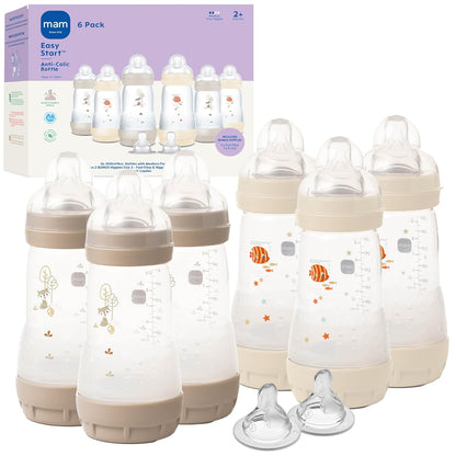 MAM 9oz Easy Start Anti-Colic+ Wide Neck Baby Bottle, Medium Flow Breastfeeding-Like Nipple, Reduces Colic Gas & Reflux, Easy To Clean, BPA Free, 2+ Months, Made In Europe, Bonus Fast Flow Nipple, Boy