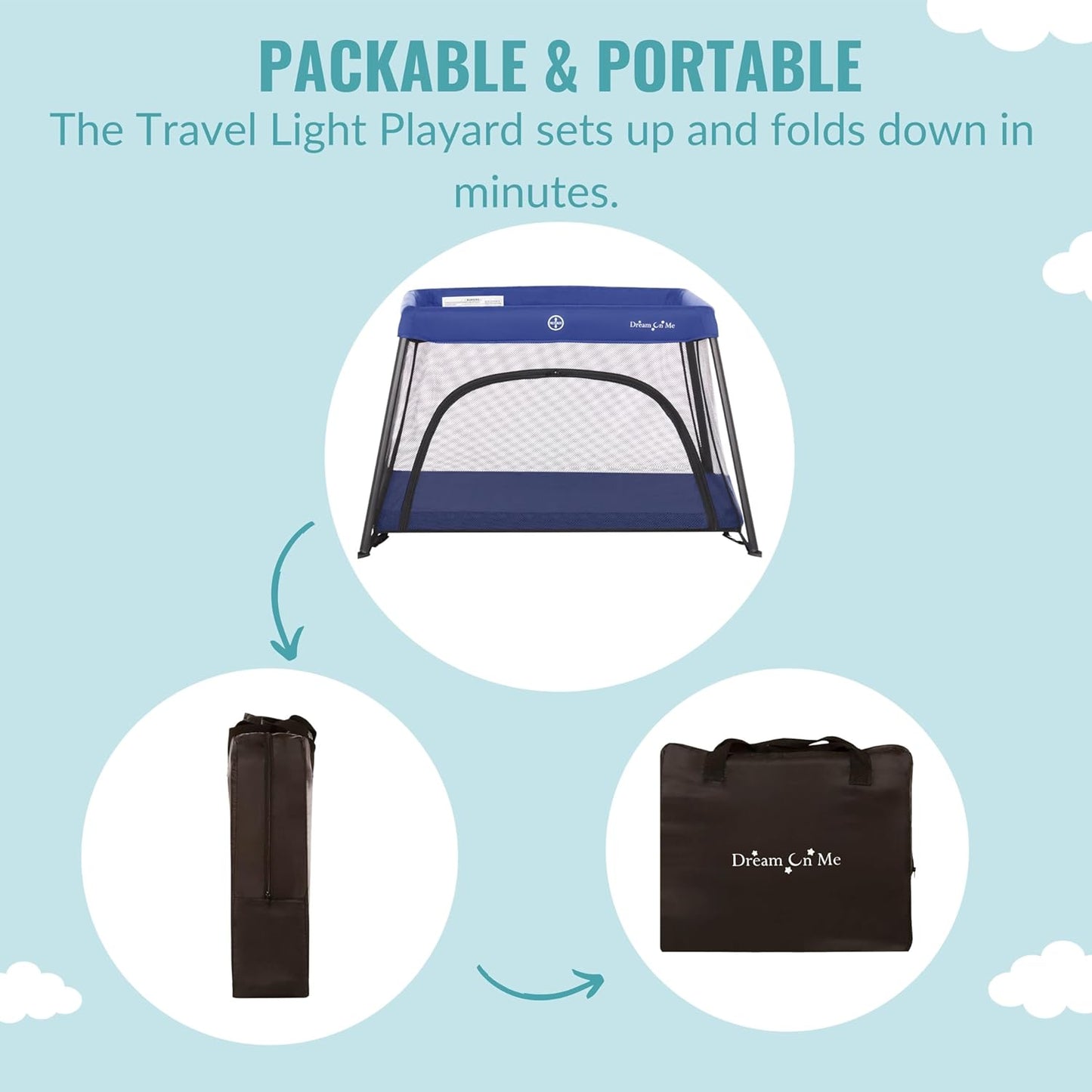 Dream On Me Travel Light Baby Playard with Zipper Access Door, Breathable Mesh Sides with Soft Comfortable Mattress, Easy Fold Design with Travel Carry Bag, Compact Space Saving Design - Grey