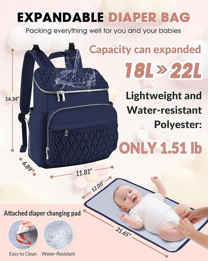 Baby Diaper Bag, Multi-Function Baby Bag for Mom Dad, Diaper Backpack with Changing Pad Stylish Pañaleras para Bebe Stroller Straps, Newborn Baby Essentials Must Haves for Women Navy blue