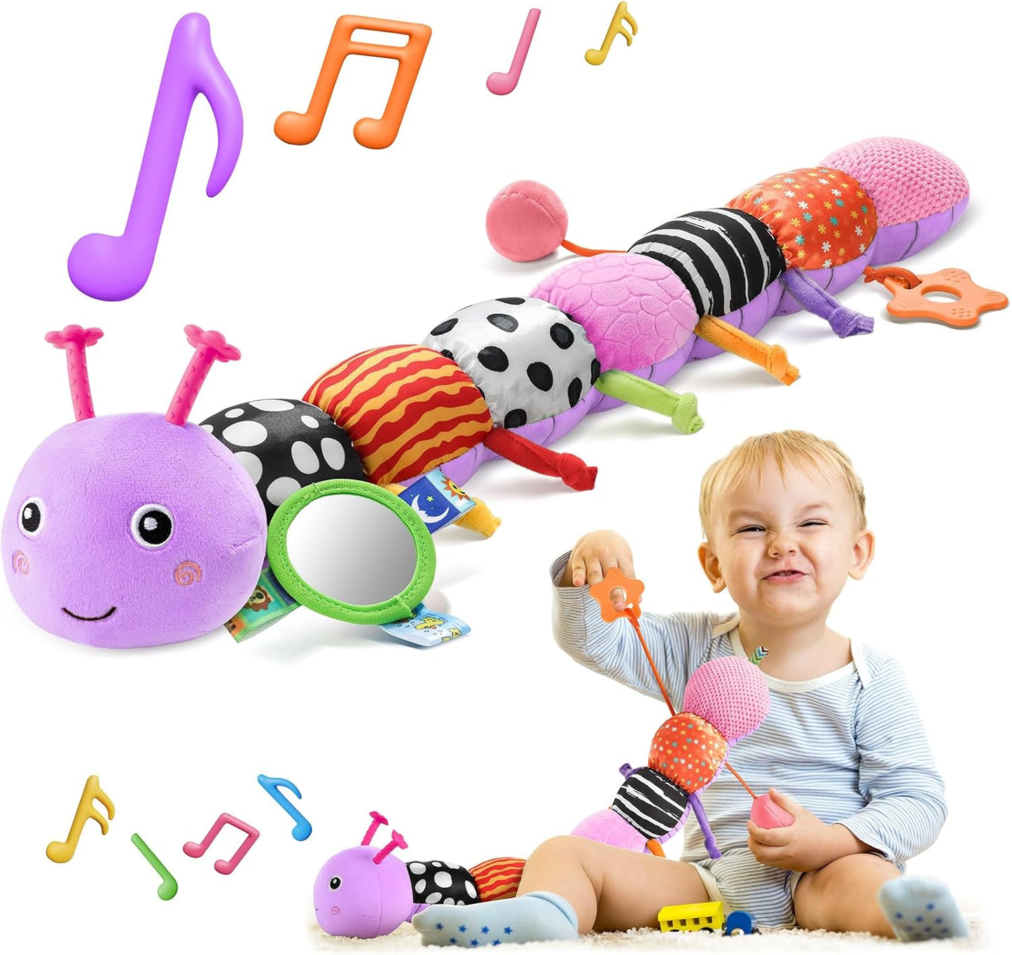 HEMRLY Baby Sensory Toy 0-6 Months, Musical Stuffed Caterpillar Plush with Teether, Crinkle, Rattle, Baby Mirror for Tummy Time, Infant Car Seat Toy for 0-3-6-12 Month Boys Girls Gifts - Knotted Green