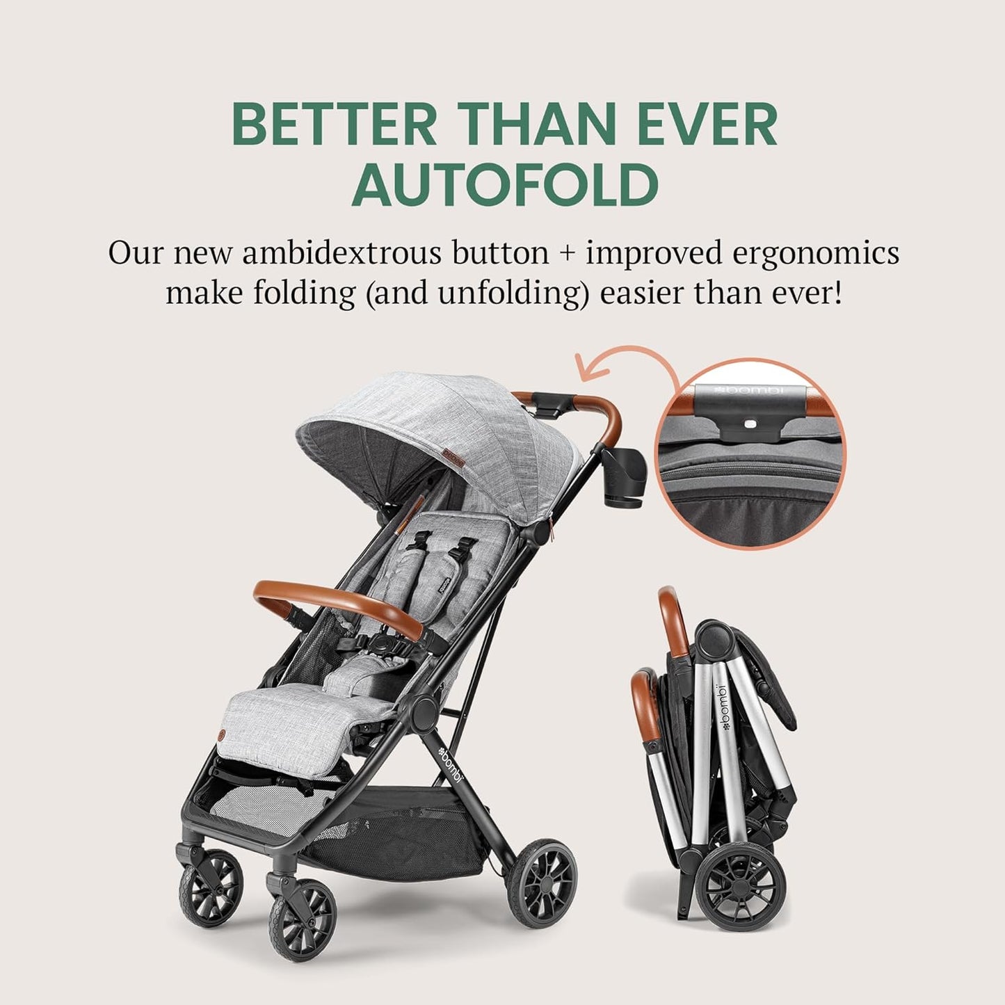 Bombi Bēbee V2 Lightweight Baby Stroller - Premium Vegan Leather, One-Hand Fold, Infinite Recline, Aircraft-Grade Aluminum Frame, XXL Canopy, and Ample Storage Umbrella Stroller - Sand