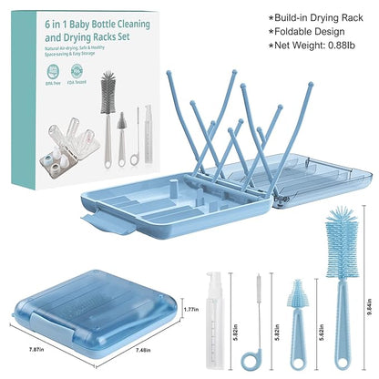Bottle Brush Set -Baby Travel Essential-6 in 1 Bottle Cleaner Kit with Silicone Bottle Brush,Nipple Cleaner Brush,Straw Brush,Soap Dispenser,Storage Box,Bottle Drying Rack for Home and Travel(Blue)