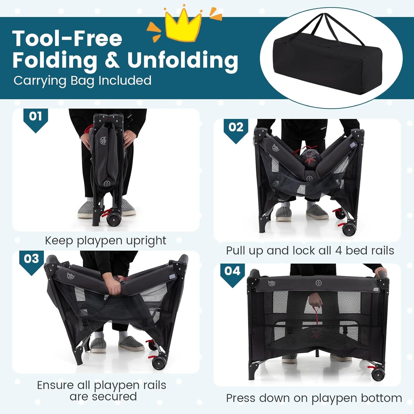 BABY JOY 5-in-1 Pack and Play with Canopy, 4 Level Heights Baby Bedside Sleeper w/Bassinet, U-Shaped Changing Table, Safety Strap, Side Zipper, Portable Bedside Crib Playard from Newborn to Toddlers