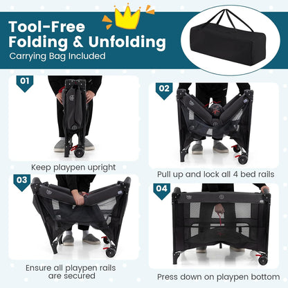 BABY JOY 5-in-1 Pack and Play with Canopy, 4 Level Heights Baby Bedside Sleeper w/Bassinet, U-Shaped Changing Table, Safety Strap, Side Zipper, Portable Bedside Crib Playard from Newborn to Toddlers