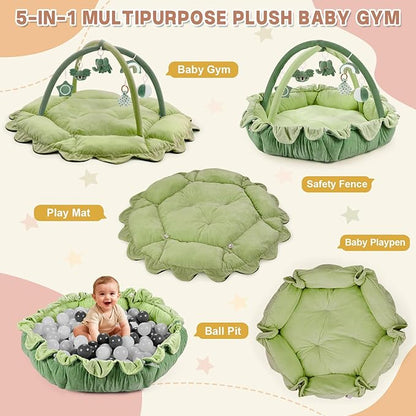 5-in-1 Baby Activity Gym & Play Mat with 6 Hanging Toys, Tummy Time Mat & Cards - Extra Large, Reversible Machine Washable Pad - Gift for Newborns, Infants 0-12 Months, Green