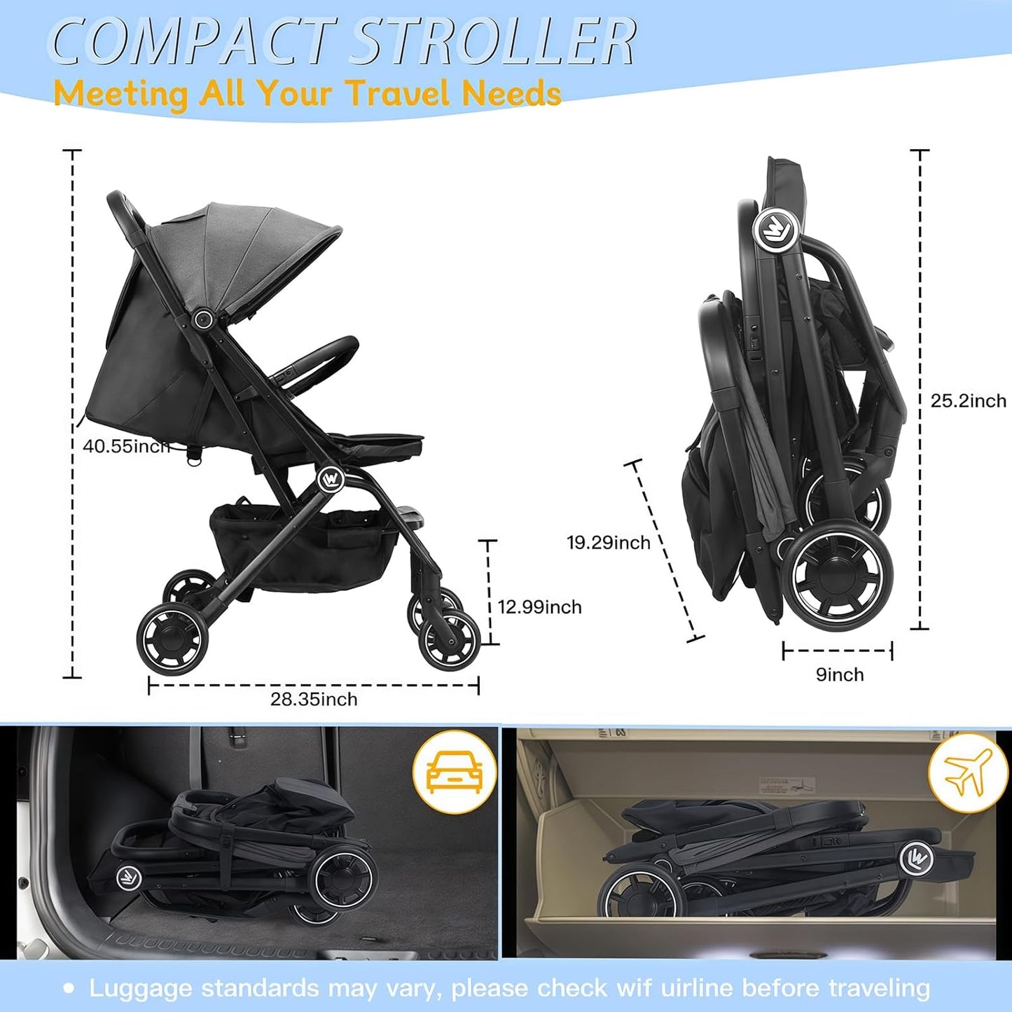 Rollingsurfer Lightweight Baby Stroller, Compact Travel Stroller with Retractable Foot Cover & Sleep Shade, One Hand Fold Stroller, Toddler Pushchair Adjustable Seat for Airplane 0-36 Months