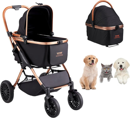 VEVOR Pet Stroller, 44 lbs Weight Capacity, Foldable Dog Cart, 4 Wheels Cats Stroller with Mesh Windows & Revrsible Handle, Portable Pet Carrier with Brake, for Small to Medium Pets