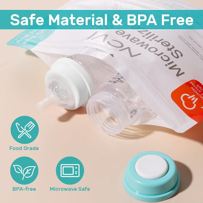 NCVI Microwave Steam Sterilizer Bag for Baby Bottles 8 Count(160 Uses), Large Reusable Travel Sterilization Pouches, Disinfection Container for Baby Teether, Pacifiers and Breast Pump Accessories
