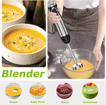 Bonsenkitchen Immersion Blender Handheld with Food Processor, 20 Speeds Hand Blender with Turbo Mode, Stainless Steel Blade, Egg Whisk, Beaker & Chopper Bowl, Hand Mixer for Smoothie, Soup, Baby Food