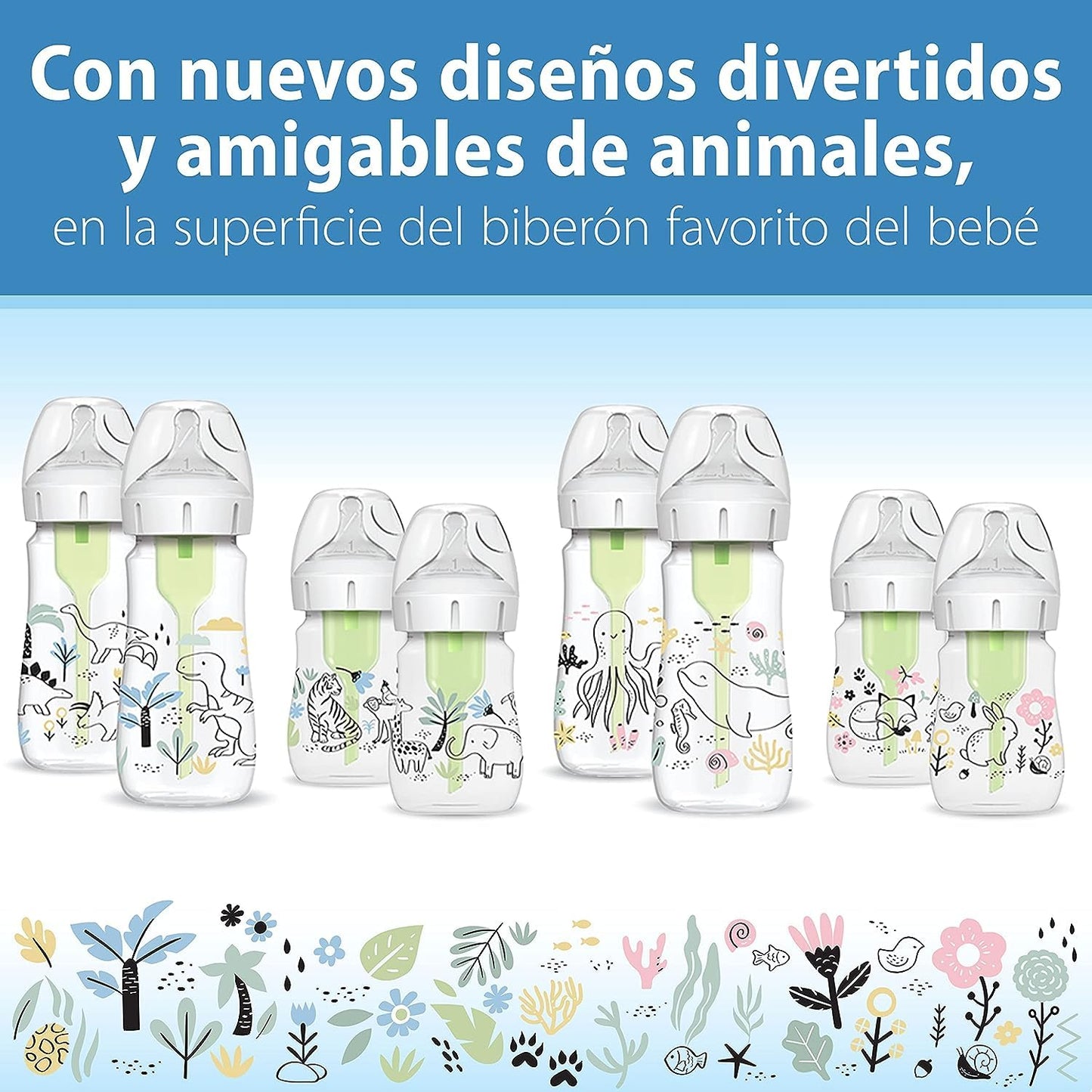 Dr. Brown's Anti-Colic Options + Wide-Neck Baby Bottle Designer Edition Dino Decos, 9oz/270mL, Level 1 Slow Flow Nipple, BPA-Free, 0m+, 2-Pack