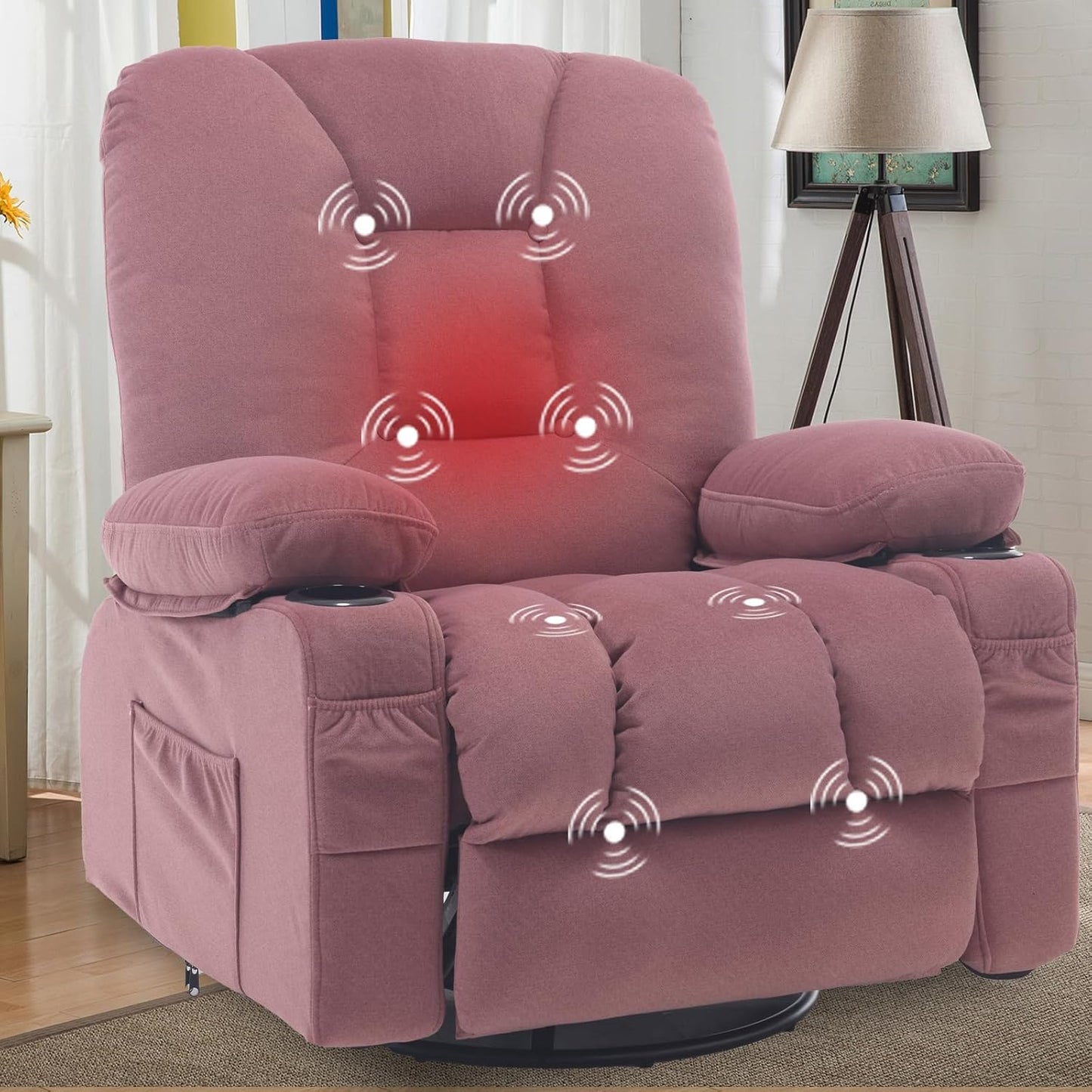 Rocker Recliner Chair with Massage and Heat, Oversized Rocking Nursery Recliners Overstuffed Swivel Glider with Cup Holder, Fabric Manual Single Sofa for Living Room, Beige