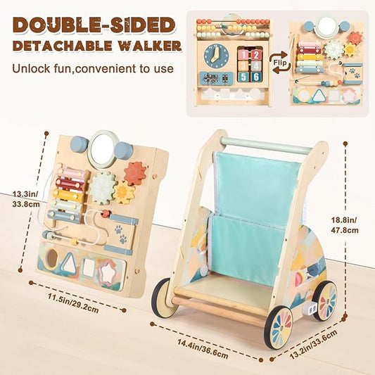 LOL-FUN Wooden Baby Walker with Double-Sided Busy Board, Push Walker for Baby with Adjustable Speed Wheels, Activity Learning Walker for Boys 12 Months
