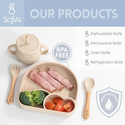 BPA-Free Non-Toxic Silicone Baby Feeding Set – Suction Plate, Bowl, Bib & Cup – 11-Piece Baby Led Weaning Set for Ages 6-18 Months – Eco Gift Bag (Dusty Blue)