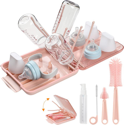 6 in 1 Cleaning Brush Set with Silicone Bottle, Nipple, Straw, Soap Dispenser, Drying Rack for Baby and Water Bottles, Space Saving Essentials for Home and Travel