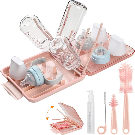 6 in 1 Cleaning Brush Set with Silicone Bottle, Nipple, Straw, Soap Dispenser, Drying Rack for Baby and Water Bottles, Space Saving Essentials for Home and Travel