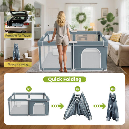 Foldable Baby Playpen - 71"×59" Collapsible Play Pen for Babies and Toddlers - Indoor Outdoor Foldable Play Yard with 4 Handles - Folding Baby Playpen with Bag Portable Travel Play Yard