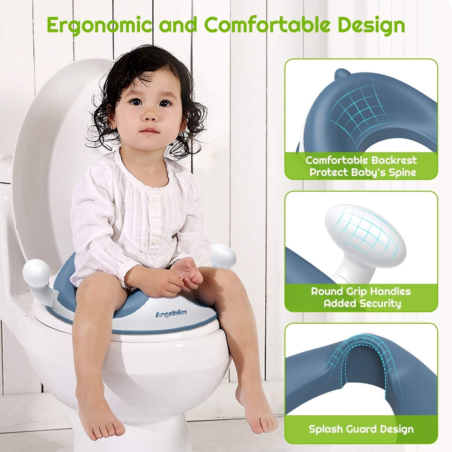 ANGELBLISS Baby Potty Training Toilet Seat with Soft Cushion Handles, Haute Collection, Double Anti-Slip Design and Splash Guard for Boys and Girls (Pink)