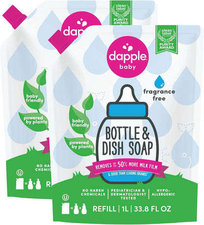 Dapple Baby Fragrance Free Bottle & Dish Soap - (3 Pack) 16.9 fl oz - Cleans Baby Bottles, Sippy Cups, Pacifiers, Breast Pumps, & More - Gently Removes Milk Film & Odors - Includes 1 Pump