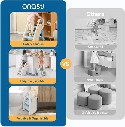 Onasti Foldable Toddler Step Stool for Bathroom Sink, Adjustable 3 Step Stool for Kids Toilet Potty Training Stool with Handles, Child Kitchen Counter Stool Helper, Plastic Ladder for Toddlers Pink