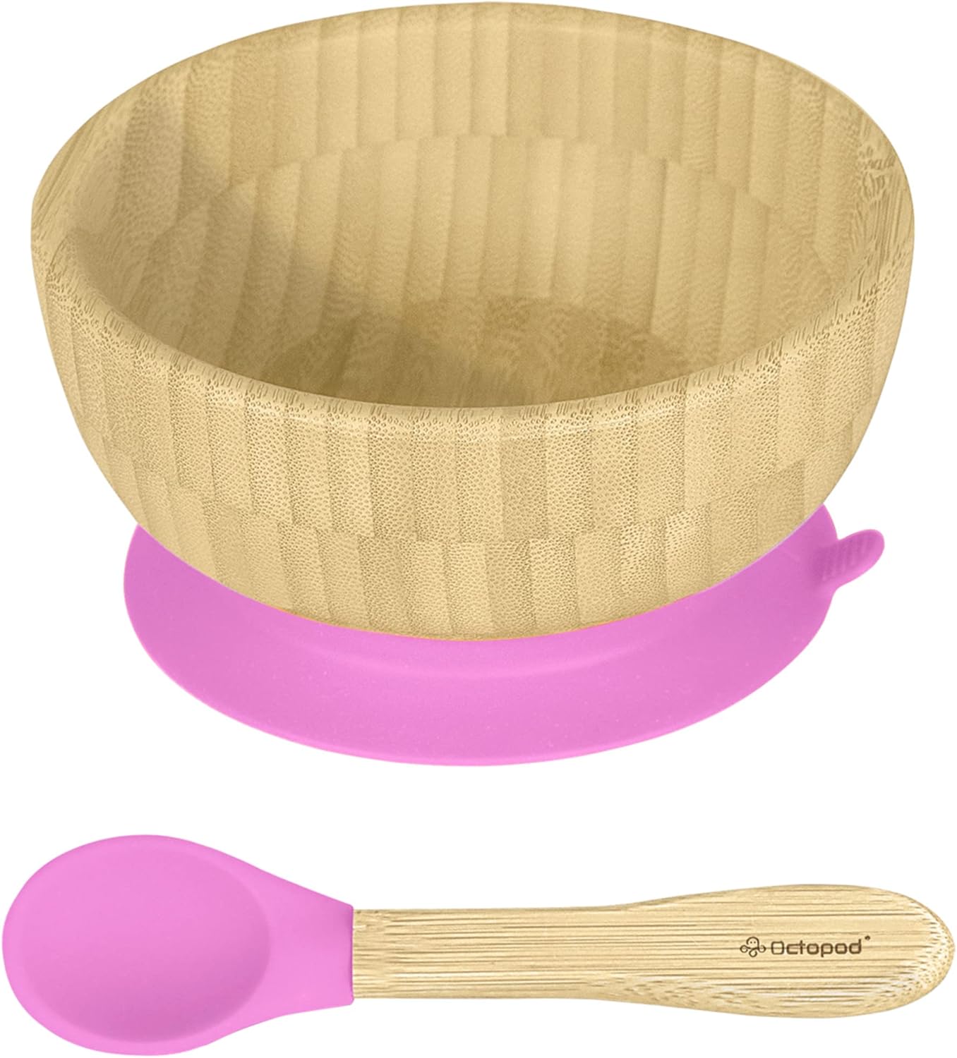 Abiie Octopod Bamboo Baby Bowl Set for 4 Months and Up – Mess-Free High Chair Suction Bowl with Spoon for Toddlers and Kids - Ergonomic Baby Feeding Essentials - 5.7" x 3" x 5.7" - Pink