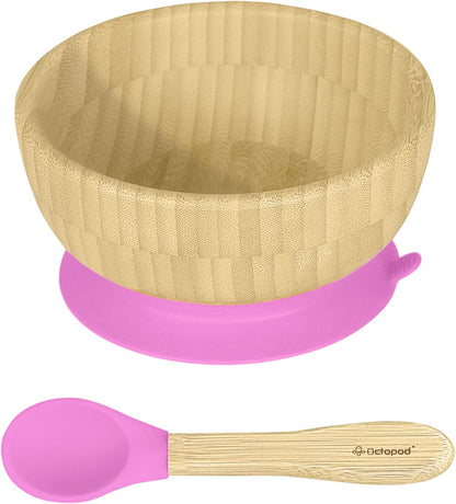 Abiie Octopod Bamboo Baby Bowl Set for 4 Months and Up – Mess-Free High Chair Suction Bowl with Spoon for Toddlers and Kids - Ergonomic Baby Feeding Essentials - 5.7" x 3" x 5.7" - Pink