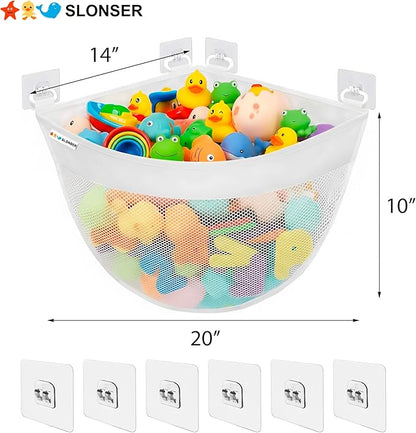 Bath Toy Storage Organizer for Bathtub – Large Mesh Bath Toy Holder & Bath Toy Net, Corner Bathtub Toy Storage Bag with 6 Strong Adhesive Hooks, Quick-Dry Bathroom Toy Holder for Tub & Kids Shower