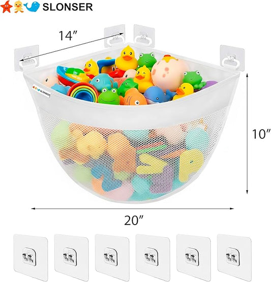 Bath Toy Storage Organizer for Bathtub – Large Mesh Bath Toy Holder & Bath Toy Net, Corner Bathtub Toy Storage Bag with 6 Strong Adhesive Hooks, Quick-Dry Bathroom Toy Holder for Tub & Kids Shower