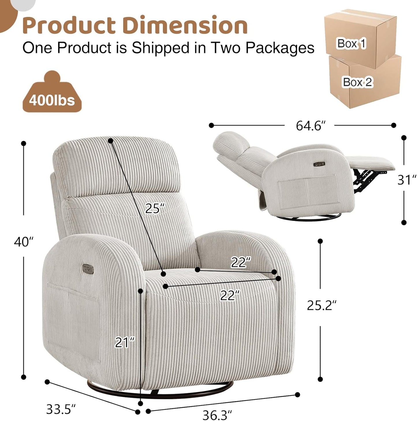 Swivel Rocker Recliner Chair, Rocking Recliner for Nursery with Side Pockets, Manual Swivel Reclining Nursery Glider Chair for Breastfeeding Living Room, Camel Chenille