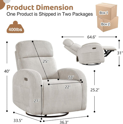 Swivel Rocker Recliner Chair, Rocking Recliner for Nursery with Side Pockets, Manual Swivel Reclining Nursery Glider Chair for Breastfeeding Living Room, Camel Chenille