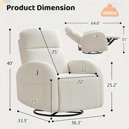 Nursery Glider Recliner, Power Swivel Rocking Recliner with USB & Type-C Port, Swivel Nursering Reclining Rocker with Double Pockets for Living Room, Camel Chenille