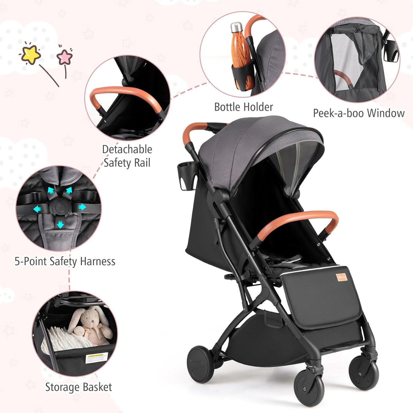 BABY JOY Lightweight Stroller, Compact Travel Stroller with One-Hand Fold, Adjustable Backrest, Canopy, Cup Holder, Footmuff & Storage Basket for Toddlers (Gray)