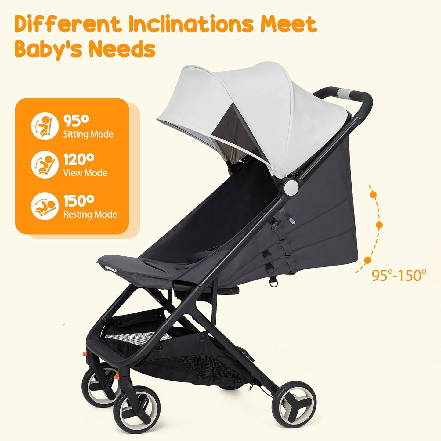 Lightweight Baby Stroller, Compact One-Hand Fold Travel Stroller Airplane Friendly, Reclining Infant Stroller with 5-Point Harness & Adjustable Canopy, All-Terrain Stroller for Toddlers 6-36 Months