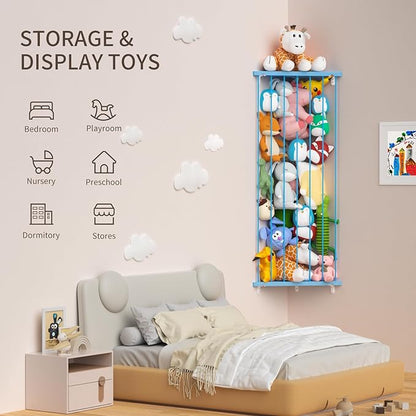 Stuffed Animal Storage Toy Organizer(Patented) - Large Corner Stuffed Animal Holder Length Adjustable - Wall Plush Storage for Nursery Playroom Bedroom Kids Room (Blue)