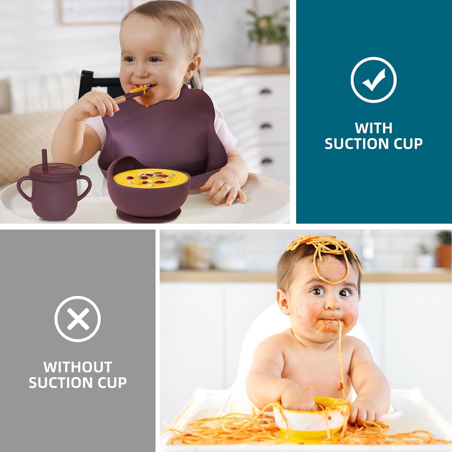 100% Silicone Baby Feeding Set, BPA Free Baby Dishes with Suction Bowl, Divided Plate, Toddler Self Feeding Dish Set with Spoons, Forks, Sippy Cup and Bib, Baby Eating Utensils (Navy Blue)