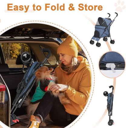 Wedyvko Travel Portable Dog Stroller, Pet Stroller for Small Puppy Dogs & Cats, Up to 33 lbs, Black