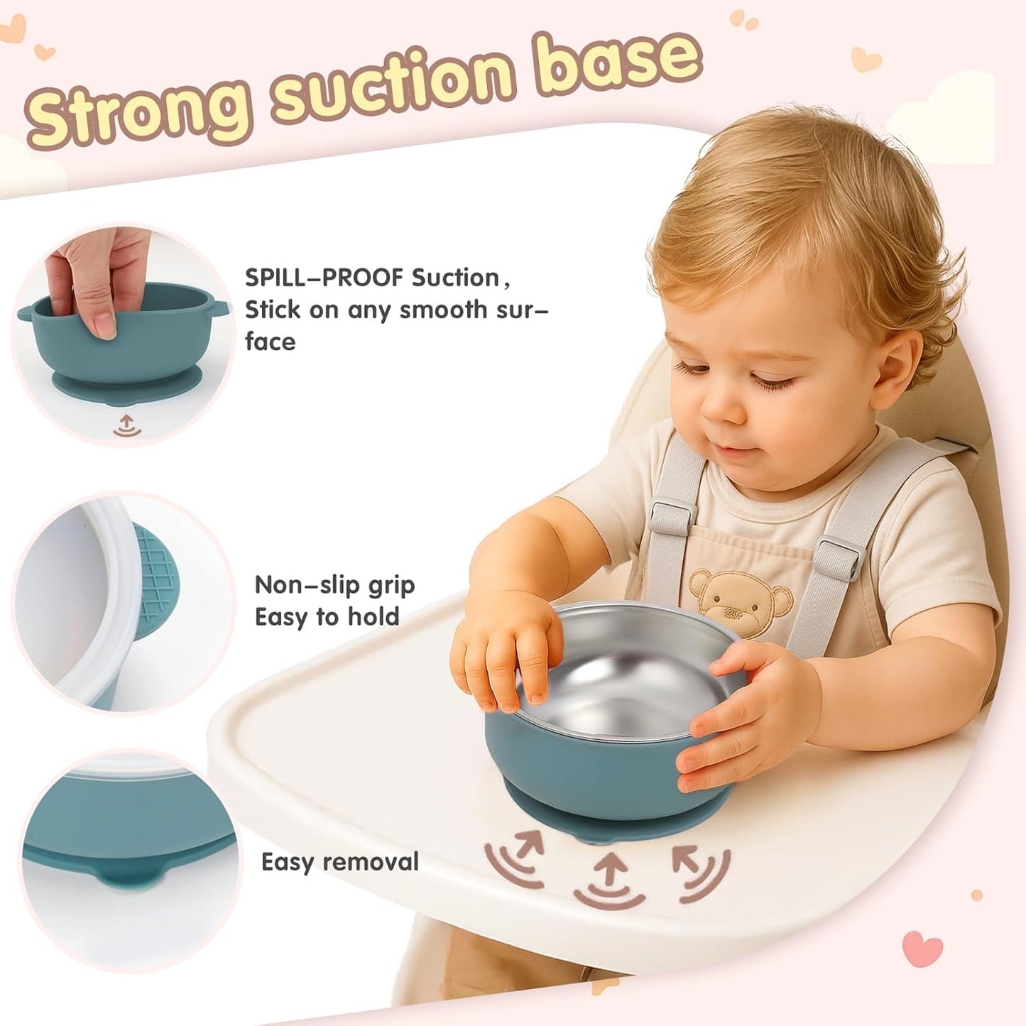 Baby & Toddler Bowls | Stay-Put Suction | Silicone & Stainless Steel with Leakproof Sealed Lids (Set of 3) | Portable Baby Food Bowls