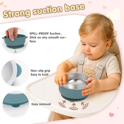 Baby & Toddler Bowls | Stay-Put Suction | Silicone & Stainless Steel with Leakproof Sealed Lids (Set of 3) | Portable Baby Food Bowls