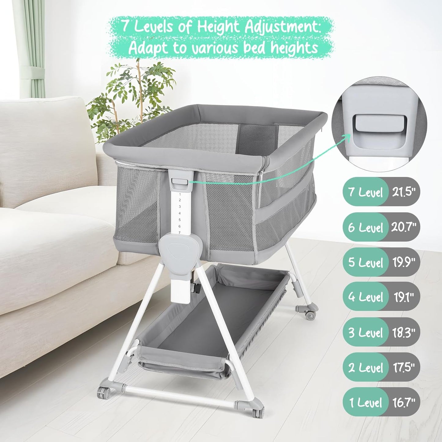 Cowiewie Bassinet Bedside Sleeper, Baby Bassinet with 7 Adjustable Height, Bedside Bassinet for Baby with Storage, Breathable Mesh & Mattress, Portable Bassinet Easy Folding (Pyramid Light Gray)