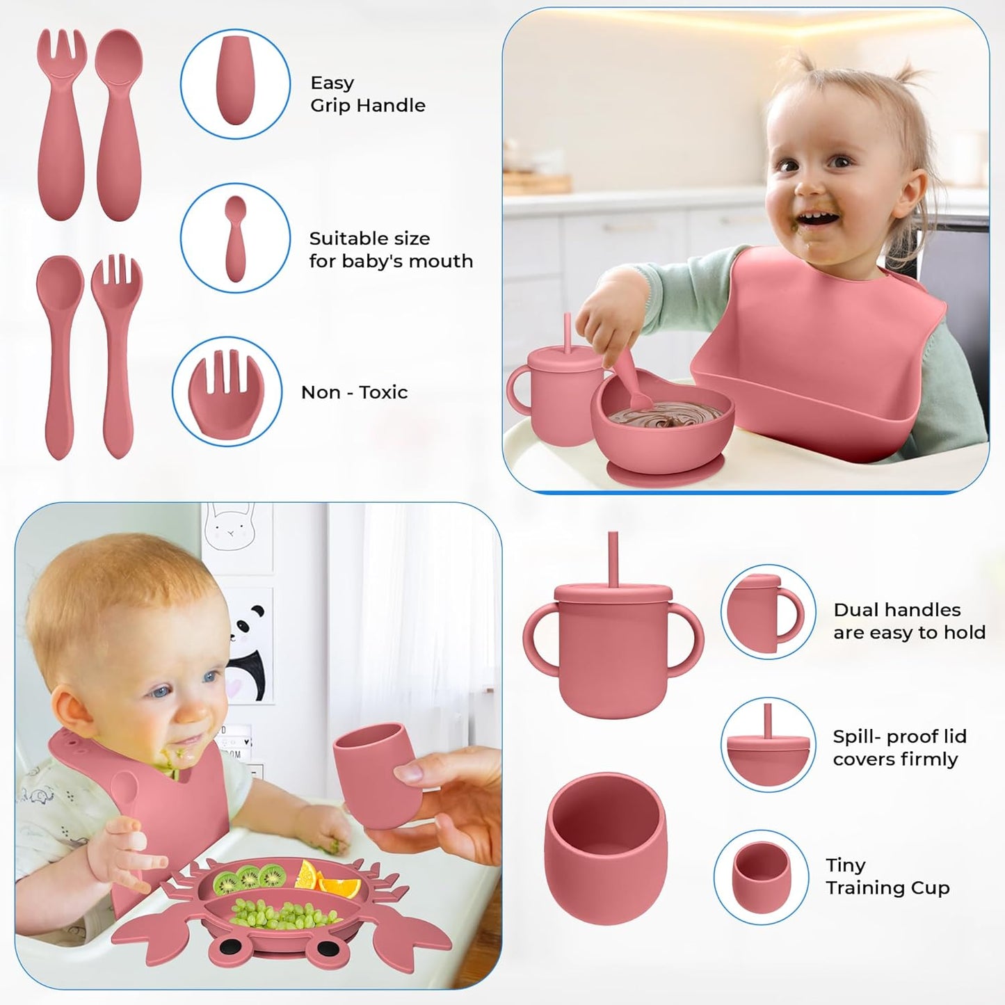 Silicone Baby Feeding Set - 9 Pieces - First Stage Solid Food Eating Baby Utensils - 6+ Months - Crab Shape