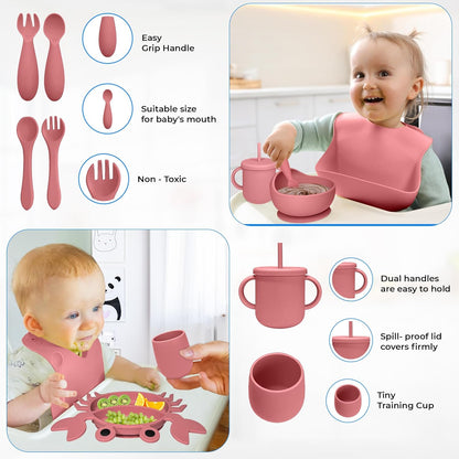 Silicone Baby Feeding Set - 9 Pieces - First Stage Solid Food Eating Baby Utensils - 6+ Months - Crab Shape