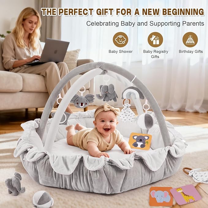 5-in-1 Baby Activity Gym & Play Mat with 6 Hanging Toys, Tummy Time Mat & Cards - Extra Large, Reversible Machine Washable Pad - Gift for Newborns, Infants 0-12 Months, Grey