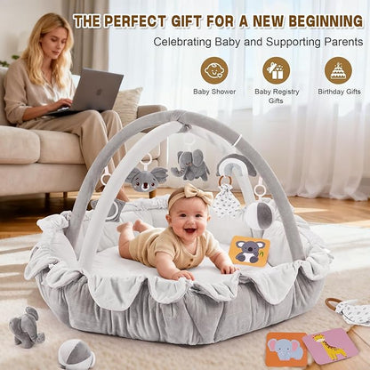 5-in-1 Baby Activity Gym & Play Mat with 6 Hanging Toys, Tummy Time Mat & Cards - Extra Large, Reversible Machine Washable Pad - Gift for Newborns, Infants 0-12 Months, Grey