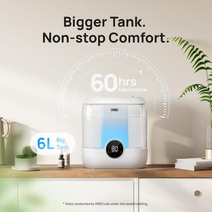 DREO Smart Humidifiers for Bedroom, 6L Top Fill Supersized Cool Mist Humidifier for Large Room, 60 Hour Runtime, Quiet Ultrasonic Humidifier for Plants, Indoor, Home, Night Light, Black