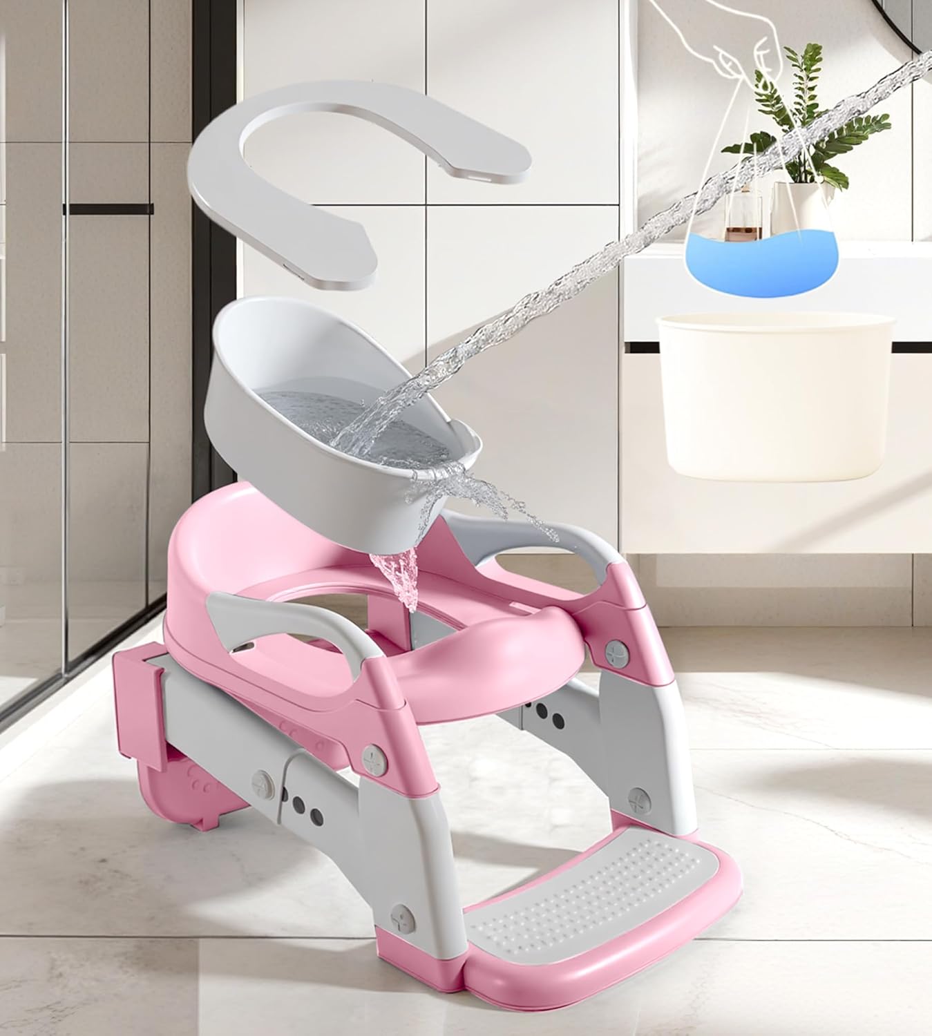 2-in-1 Toddler Potty Training Toilet Seat with Step Stool Ladder – Adjustable Height Potty Chair Urinal for Baby Boys Girls Age 1-3, Foldable Training Potty with Splash Guard & Anti-Slip Feet, Grey