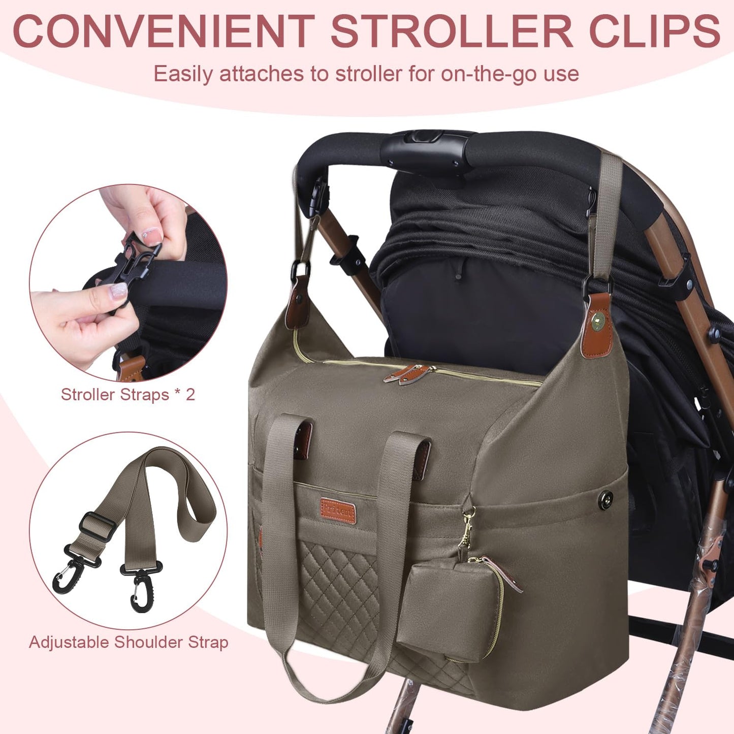 Pritent Diaper Bag Tote - Diaper Baby Bags with Pacifier Case, Shoulder Straps, Stroller Clips, Waterproof Large Mommy Maternity Travel Baby Bag for Mom and Dad, Green, Medium