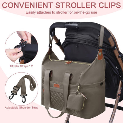 Pritent Diaper Bag Tote - Diaper Baby Bags with Pacifier Case, Shoulder Straps, Stroller Clips, Waterproof Large Mommy Maternity Travel Baby Bag for Mom and Dad, Green, Medium