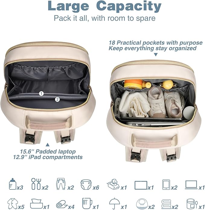 MOMUVO Diaper Bag Backpack, Quilted Baby Bag with Changing Pad & Stroller Straps & Pacifier Case, Large Travel Diaper Bags for Mom Dad, Khaki