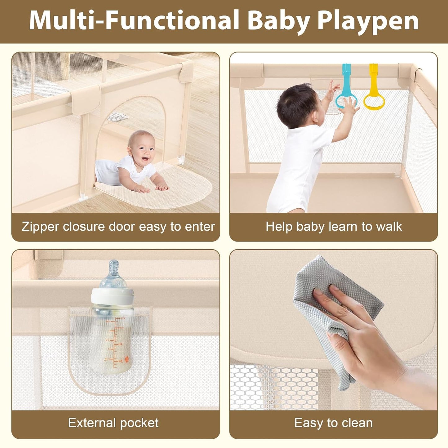 Baby Playpen with Mat 79x71inch - Extra Large Play Pen for Babies and Toddlers Indoor & Outdoor Baby Playard with Soft Breathable Mesh Cover - Sturdy Foam Infant Gate Playpen(Apricot)